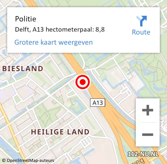 Locatie op kaart van de 112 melding: Politie Delft, A13 hectometerpaal: 8,8 op 28 maart 2022 13:49