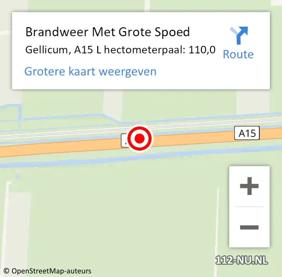 Locatie op kaart van de 112 melding: Brandweer Met Grote Spoed Naar Gellicum, A15 L hectometerpaal: 110,0 op 12 juli 2014 14:00