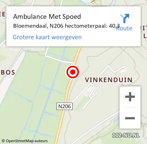 Locatie op kaart van de 112 melding: Ambulance Met Spoed Naar Bloemendaal, N206 hectometerpaal: 40,3 op 28 maart 2022 14:22