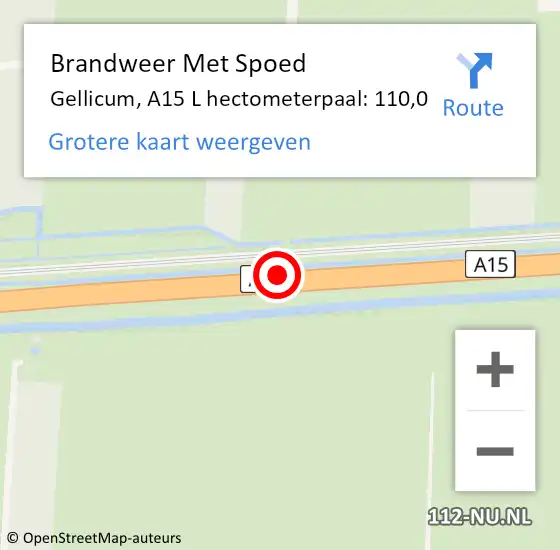 Locatie op kaart van de 112 melding: Brandweer Met Spoed Naar Gellicum, A15 L hectometerpaal: 110,0 op 12 juli 2014 14:15