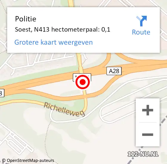 Locatie op kaart van de 112 melding: Politie Soest, N413 hectometerpaal: 0,1 op 28 maart 2022 17:27