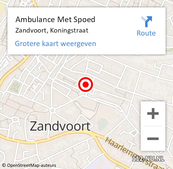 Locatie op kaart van de 112 melding: Ambulance Met Spoed Naar Zandvoort, Koningstraat op 28 maart 2022 17:42