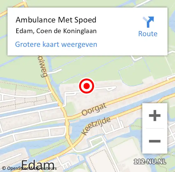 Locatie op kaart van de 112 melding: Ambulance Met Spoed Naar Edam, Coen de Koninglaan op 29 maart 2022 05:28