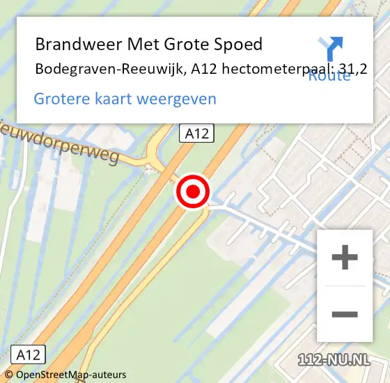 Locatie op kaart van de 112 melding: Brandweer Met Grote Spoed Naar Bodegraven-Reeuwijk, A12 hectometerpaal: 31,2 op 29 maart 2022 06:38