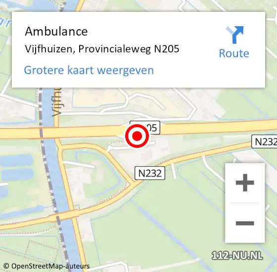 Locatie op kaart van de 112 melding: Ambulance Vijfhuizen, Provincialeweg N205 op 29 maart 2022 07:43