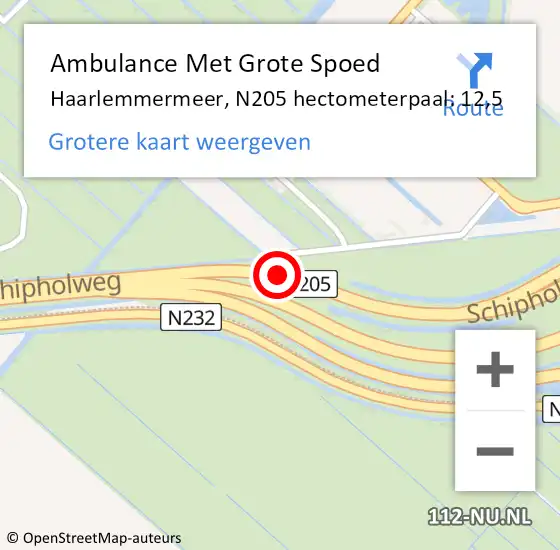 Locatie op kaart van de 112 melding: Ambulance Met Grote Spoed Naar Haarlemmermeer, N205 hectometerpaal: 12,5 op 29 maart 2022 07:46