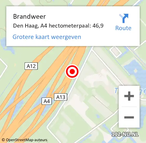 Locatie op kaart van de 112 melding: Brandweer Den Haag, A4 hectometerpaal: 46,9 op 29 maart 2022 07:47