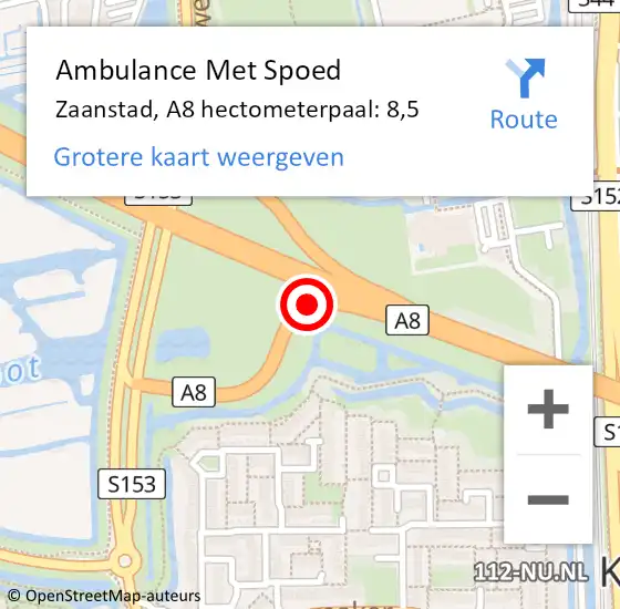 Locatie op kaart van de 112 melding: Ambulance Met Spoed Naar Zaanstad, A8 hectometerpaal: 8,5 op 29 maart 2022 08:26