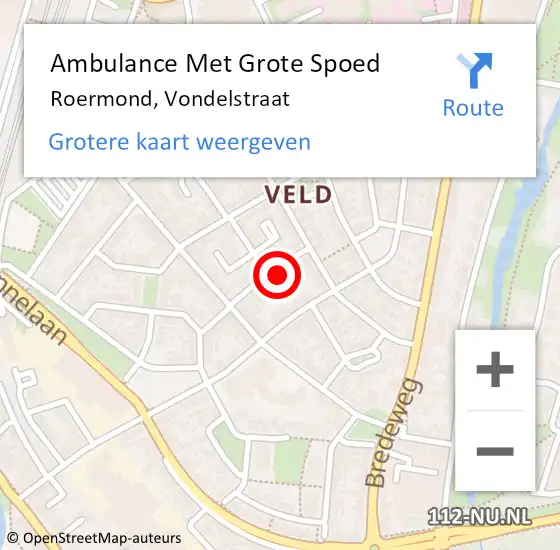 Locatie op kaart van de 112 melding: Ambulance Met Grote Spoed Naar Roermond, Vondelstraat op 29 maart 2022 10:22