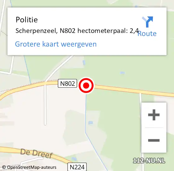 Locatie op kaart van de 112 melding: Politie Scherpenzeel, N802 hectometerpaal: 2,4 op 29 maart 2022 10:39