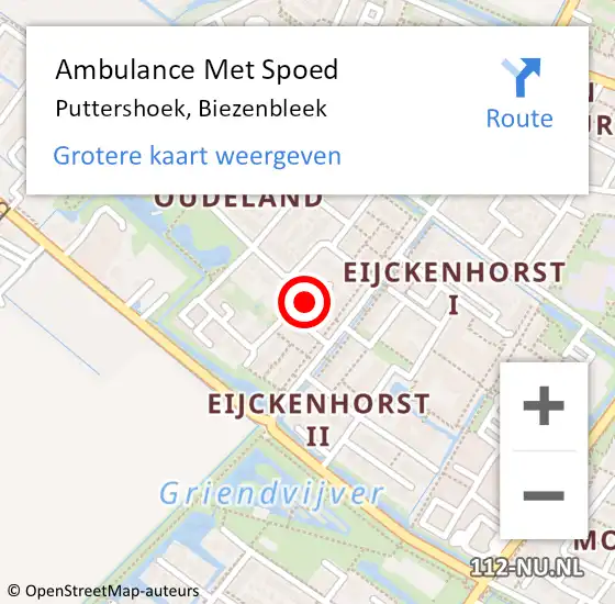 Locatie op kaart van de 112 melding: Ambulance Met Spoed Naar Puttershoek, Biezenbleek op 29 maart 2022 13:45