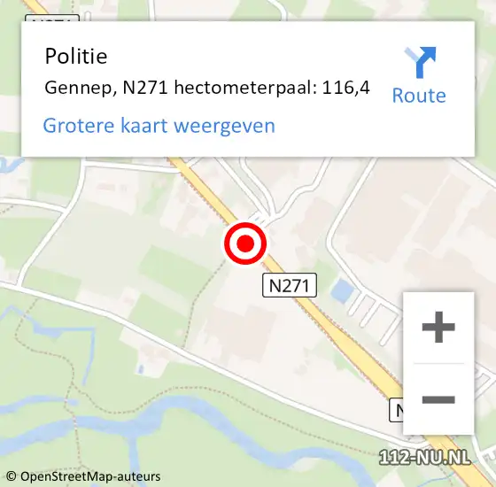 Locatie op kaart van de 112 melding: Politie Gennep, N271 hectometerpaal: 116,4 op 29 maart 2022 13:57