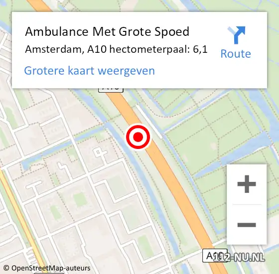 Locatie op kaart van de 112 melding: Ambulance Met Grote Spoed Naar Amsterdam, A10 hectometerpaal: 6,1 op 29 maart 2022 14:27