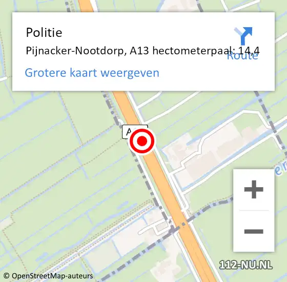 Locatie op kaart van de 112 melding: Politie Rotterdam, A13 hectometerpaal: 14,4 op 29 maart 2022 16:38