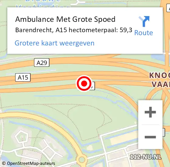Locatie op kaart van de 112 melding: Ambulance Met Grote Spoed Naar Barendrecht, A15 hectometerpaal: 59,3 op 29 maart 2022 16:40