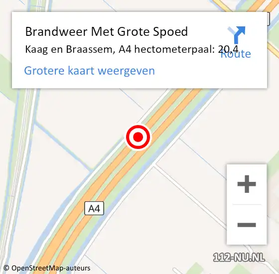 Locatie op kaart van de 112 melding: Brandweer Met Grote Spoed Naar Kaag en Braassem, A4 hectometerpaal: 20,4 op 29 maart 2022 19:54