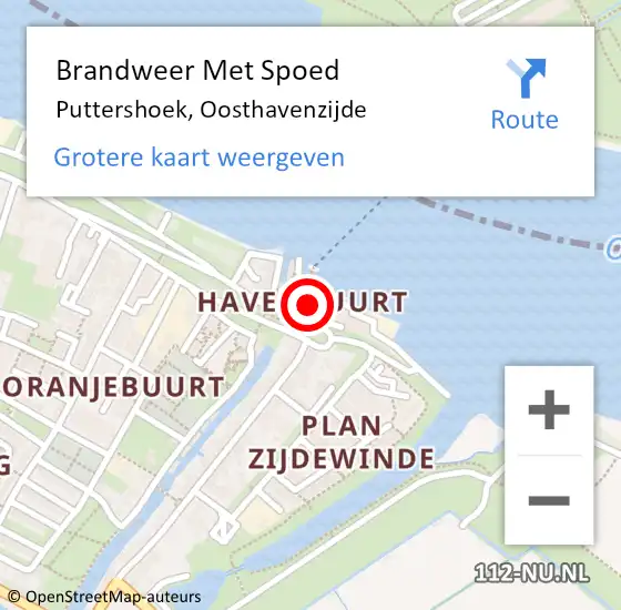 Locatie op kaart van de 112 melding: Brandweer Met Spoed Naar Puttershoek, Oosthavenzijde op 30 maart 2022 00:07