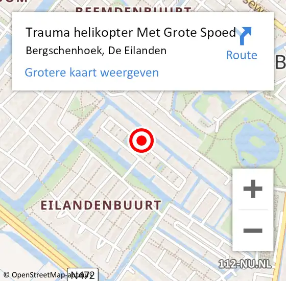 Locatie op kaart van de 112 melding: Trauma helikopter Met Grote Spoed Naar Bergschenhoek, De Eilanden op 30 maart 2022 01:23