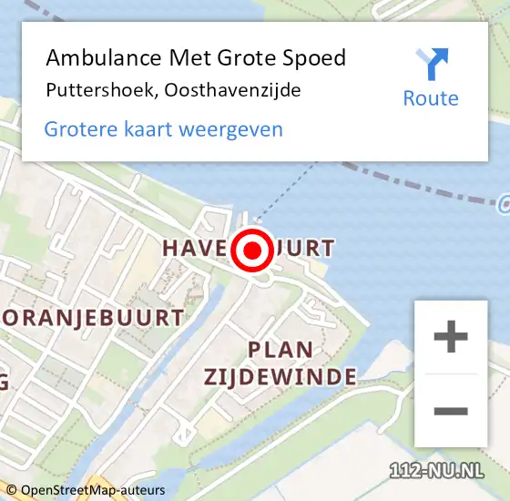Locatie op kaart van de 112 melding: Ambulance Met Grote Spoed Naar Puttershoek, Oosthavenzijde op 30 maart 2022 01:58