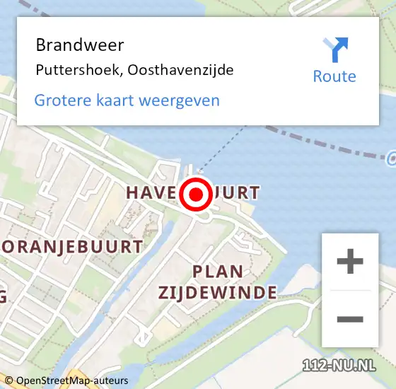 Locatie op kaart van de 112 melding: Brandweer Puttershoek, Oosthavenzijde op 30 maart 2022 01:59