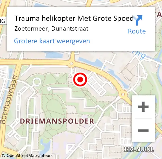 Locatie op kaart van de 112 melding: Trauma helikopter Met Grote Spoed Naar Zoetermeer, Dunantstraat op 30 maart 2022 06:02