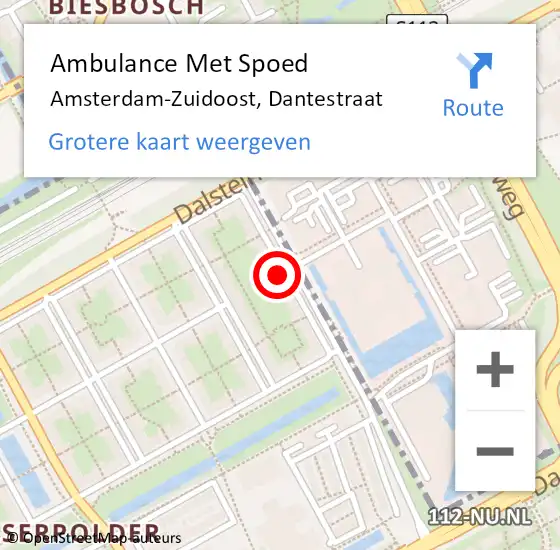 Locatie op kaart van de 112 melding: Ambulance Met Spoed Naar Amsterdam-Zuidoost, Dantestraat op 30 maart 2022 07:24