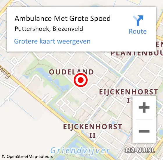 Locatie op kaart van de 112 melding: Ambulance Met Grote Spoed Naar Puttershoek, Biezenveld op 30 maart 2022 09:50