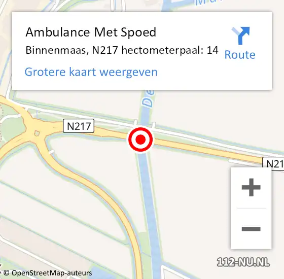 Locatie op kaart van de 112 melding: Ambulance Met Spoed Naar Binnenmaas, N217 hectometerpaal: 14 op 30 maart 2022 10:48