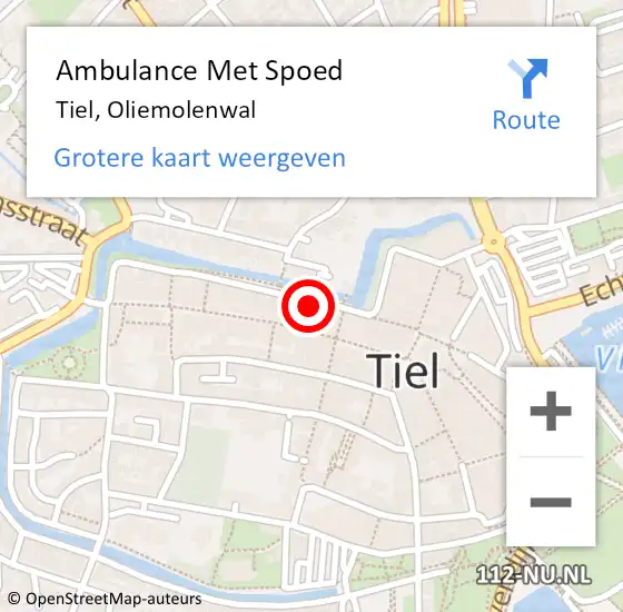 Locatie op kaart van de 112 melding: Ambulance Met Spoed Naar Tiel, Oliemolenwal op 30 maart 2022 12:03