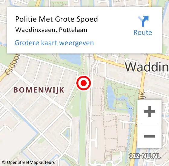 Locatie op kaart van de 112 melding: Politie Met Grote Spoed Naar Waddinxveen, Puttelaan op 30 maart 2022 12:14