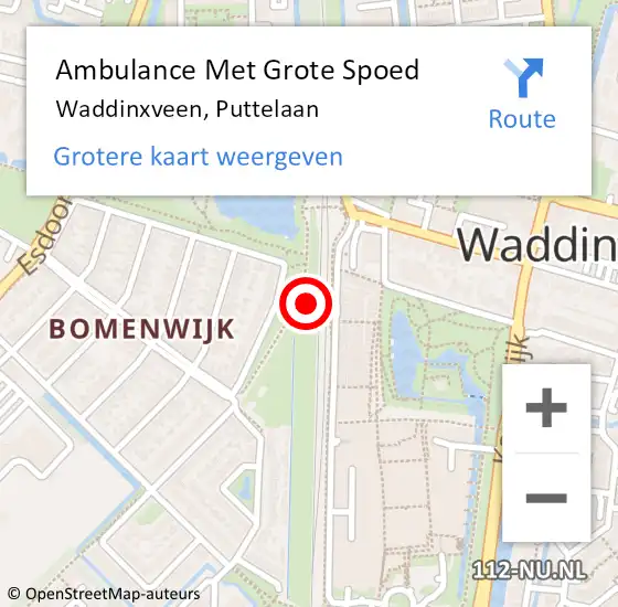 Locatie op kaart van de 112 melding: Ambulance Met Grote Spoed Naar Waddinxveen, Puttelaan op 30 maart 2022 12:15