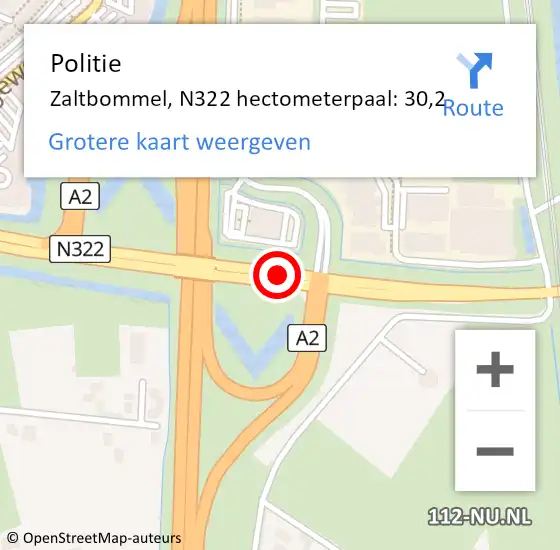 Locatie op kaart van de 112 melding: Politie Zaltbommel, N322 hectometerpaal: 30,2 op 30 maart 2022 12:56
