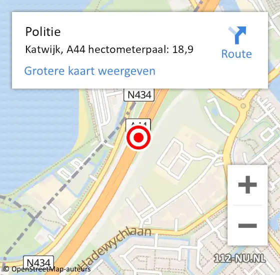 Locatie op kaart van de 112 melding: Politie Katwijk, A44 hectometerpaal: 18,9 op 30 maart 2022 15:14