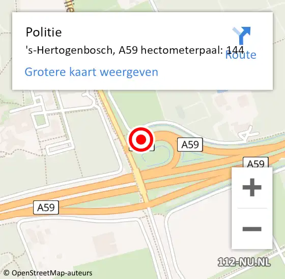 Locatie op kaart van de 112 melding: Politie 's-Hertogenbosch, A59 hectometerpaal: 144 op 30 maart 2022 16:04