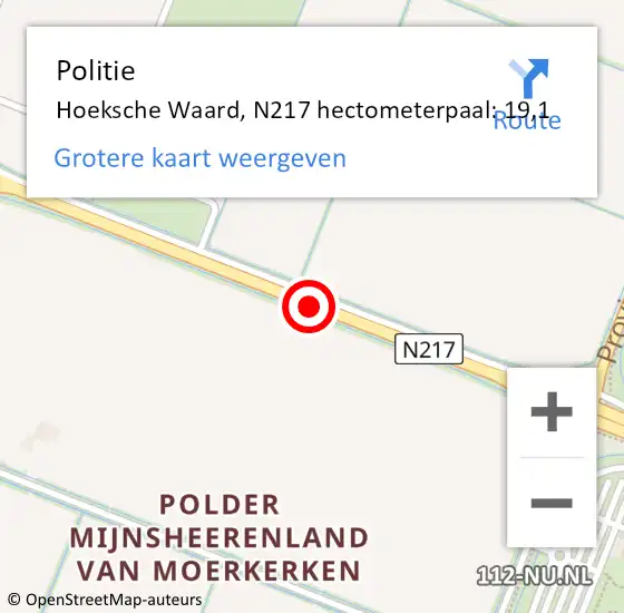 Locatie op kaart van de 112 melding: Politie Hoeksche Waard, N217 hectometerpaal: 19,1 op 30 maart 2022 16:12