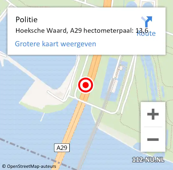 Locatie op kaart van de 112 melding: Politie Hoeksche Waard, A29 hectometerpaal: 13,6 op 30 maart 2022 16:13