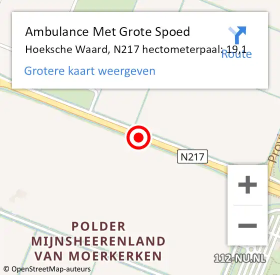 Locatie op kaart van de 112 melding: Ambulance Met Grote Spoed Naar Hoeksche Waard, N217 hectometerpaal: 19,1 op 30 maart 2022 16:21