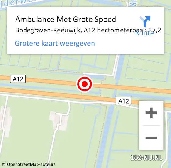 Locatie op kaart van de 112 melding: Ambulance Met Grote Spoed Naar Bodegraven-Reeuwijk, A12 hectometerpaal: 37,2 op 30 maart 2022 16:42