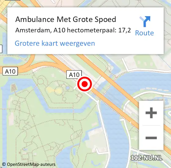 Locatie op kaart van de 112 melding: Ambulance Met Grote Spoed Naar Amsterdam, A10 hectometerpaal: 17,2 op 30 maart 2022 22:42