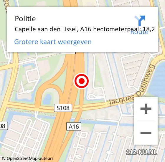 Locatie op kaart van de 112 melding: Politie Rotterdam, A16 hectometerpaal: 18,2 op 31 maart 2022 07:02