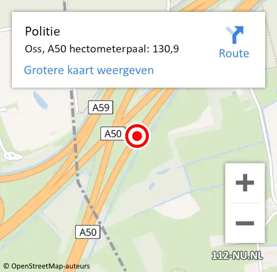 Locatie op kaart van de 112 melding: Politie Oss, A50 hectometerpaal: 130,9 op 31 maart 2022 07:21