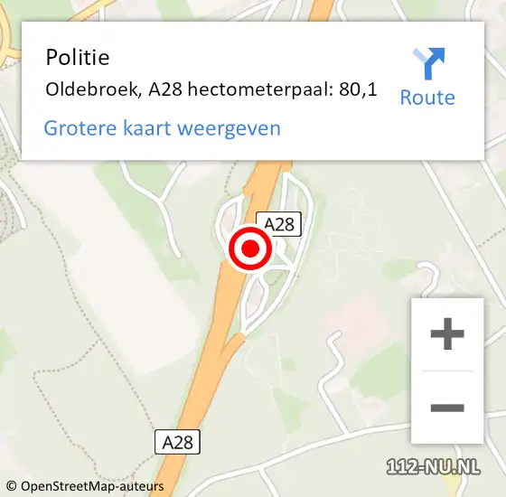 Locatie op kaart van de 112 melding: Politie Oldebroek, A28 hectometerpaal: 80,1 op 31 maart 2022 07:40