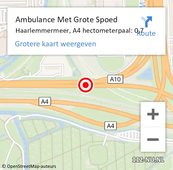 Locatie op kaart van de 112 melding: Ambulance Met Grote Spoed Naar Haarlemmermeer, A4 hectometerpaal: 0,7 op 31 maart 2022 08:29