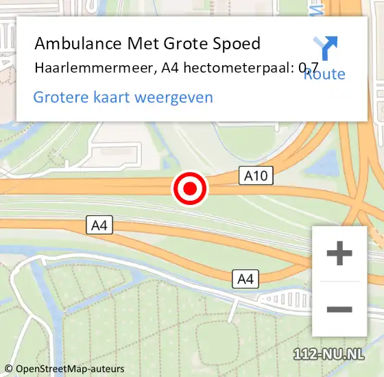 Locatie op kaart van de 112 melding: Ambulance Met Grote Spoed Naar Haarlemmermeer, A4 hectometerpaal: 0,7 op 31 maart 2022 08:34