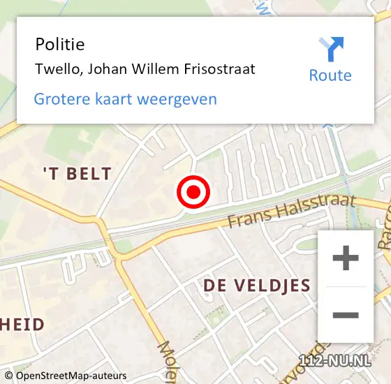 Locatie op kaart van de 112 melding: Politie Twello, Johan Willem Frisostraat op 31 maart 2022 08:45