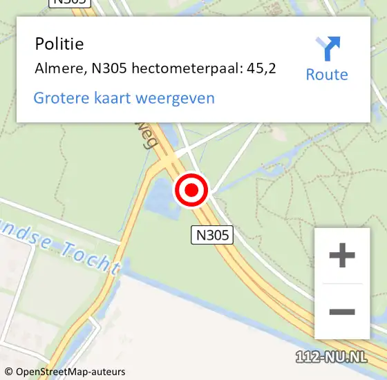 Locatie op kaart van de 112 melding: Politie Almere, N305 hectometerpaal: 45,2 op 31 maart 2022 08:52