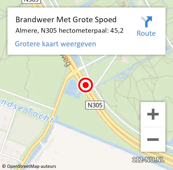 Locatie op kaart van de 112 melding: Brandweer Met Grote Spoed Naar Almere, N305 hectometerpaal: 45,2 op 31 maart 2022 08:54