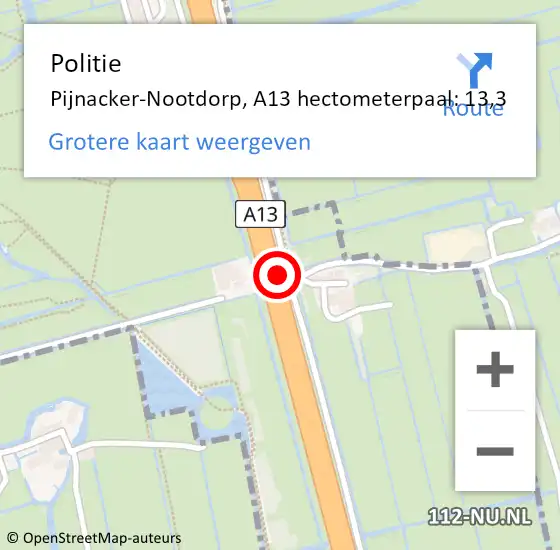 Locatie op kaart van de 112 melding: Politie Pijnacker-Nootdorp, A13 hectometerpaal: 13,3 op 31 maart 2022 10:28