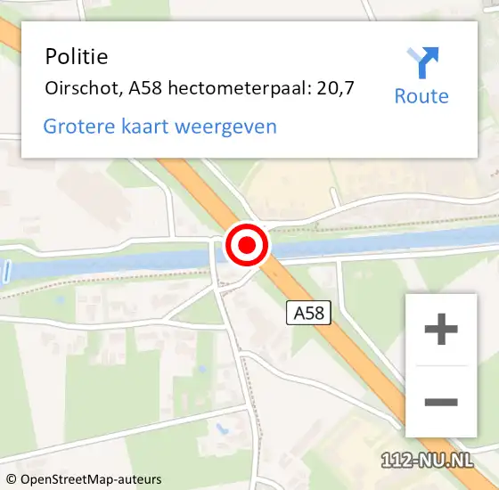 Locatie op kaart van de 112 melding: Politie Oirschot, A58 hectometerpaal: 20,7 op 31 maart 2022 15:33