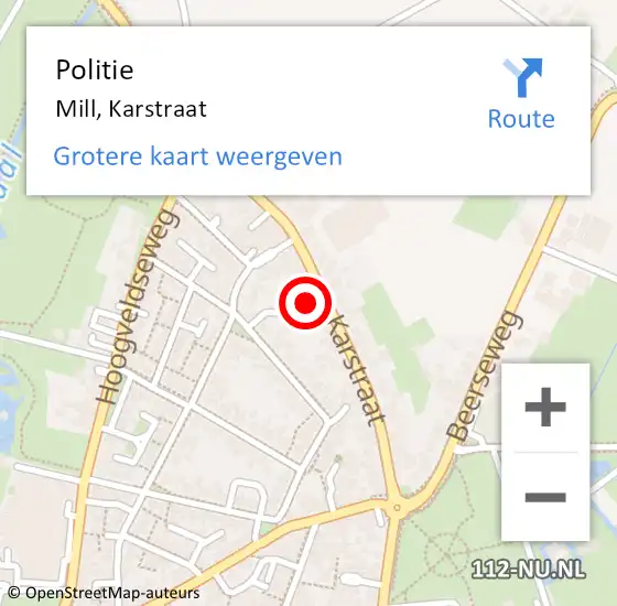 Locatie op kaart van de 112 melding: Politie Mill, Karstraat op 31 maart 2022 17:25